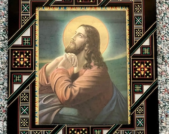 Vintage Jesus Christ Picture: Garden of Gethsemane, Geometric Wood Frame