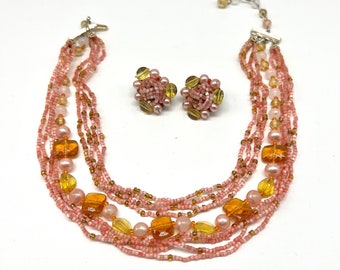 1950's Japan Necklace and Matching Clip-On Earrings Set, Salmon Color Glass Seed Beads, Yellow & Amber Colored Glass beads, and Faux Pearls