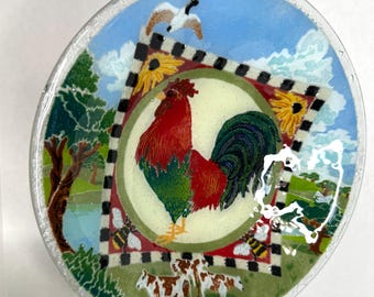 Vintage Peggy Karr Art Glass Rooster Bowl, 11 Inch with Original Box.