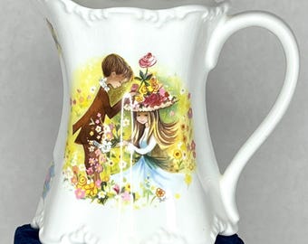 Vintage St. George Fine Bone China Pitcher: Boy & Girl Swing, Rose Garden Art