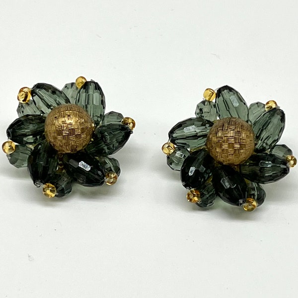 Vintage Western Germany Clip Earrings from the 1950's, Grey Green Beads with Gold Accents Beads.
