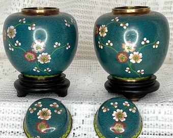 Antique Chinese Cloisonné Ginger Jars: Enameled Floral Peacock Green, Set of 2