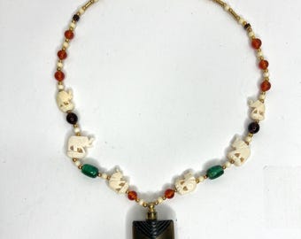 Vintage Carved Bone Elephants and Glass Bead Necklace with Vial Pendant