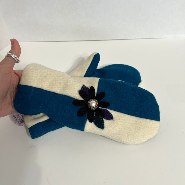 Handmade Recycled Wool Mittens, 100% Wool in Peacock Blue and Cream, Elastic at Wrist, Bright Color Block Design, Super Warm Super Cute!