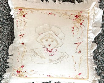 Handmade Antique Fabric Designer Throw Pillow, Embroidery, Vintage & Antique Textiles