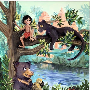 May include: A colorful illustration of a jungle scene with a young boy, a black panther, and a bear. The boy is sitting on a tree branch, the panther is perched on the branch behind him, and the bear is sitting on the ground below. The jungle is lush and green, with a river flowing through it.