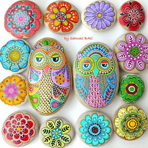 Puede incluir: Una colecci&oacute;n de piedras pintadas con dise&ntilde;os de b&uacute;hos, flores y mandalas. Las piedras est&aacute;n pintadas en colores brillantes, incluyendo rosa, azul, verde, amarillo y rojo. El texto "by Sehnaz BAC" est&aacute; escrito sobre el fondo blanco.