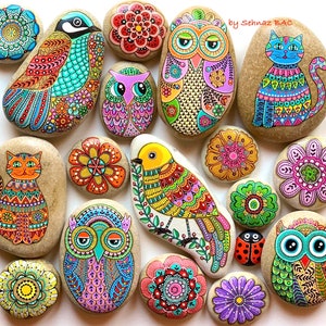 Puede incluir: Una colecci&oacute;n de 15 piedras pintadas a mano con varios dise&ntilde;os, incluyendo p&aacute;jaros, b&uacute;hos, flores y un gato. Las piedras est&aacute;n pintadas en colores brillantes y patrones intrincados. La firma del artista, "by Schnaz BAC", es visible en la esquina superior derecha de la imagen.