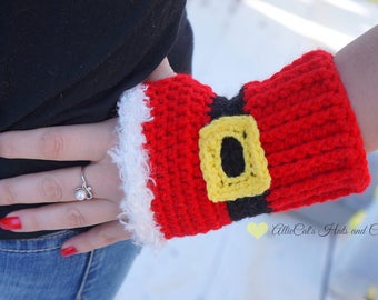 Crochet Pattern- Holiday Cheer Mitts- Santa Fingerless Gloves