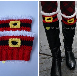 May include: Two pairs of red and black crocheted boot cuffs with a white faux fur trim and a yellow buckle. The cuffs are worn over black boots.