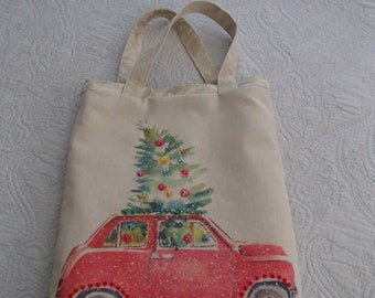 Christmas Holiday Vintage Car Auto Christmas Tree Brocade Tote Bag