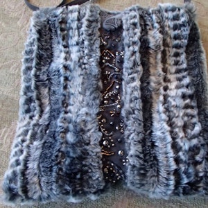 Faux Fur Chinchilla Silver Gray Beaded Leatherette Purse image 2