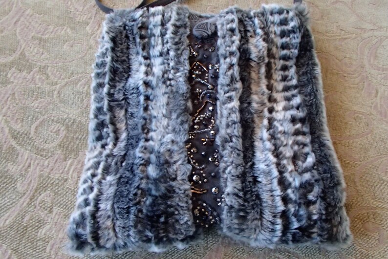 Faux Fur Chinchilla Silver Gray Beaded Leatherette Purse image 2