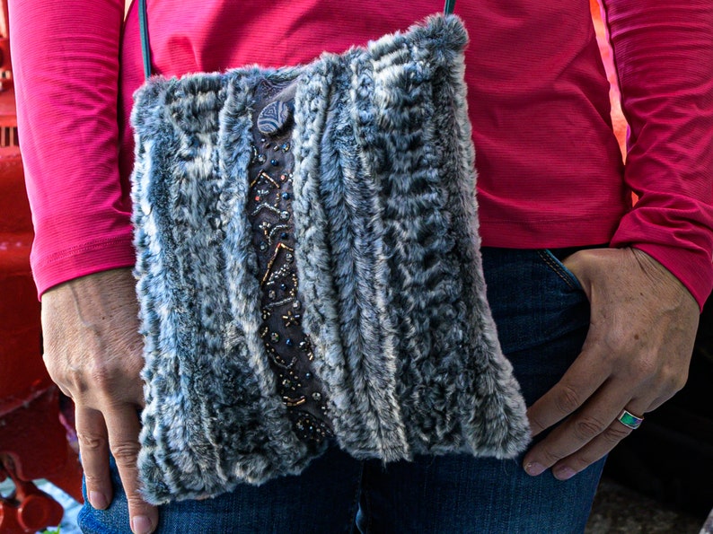 Faux Fur Chinchilla Silver Gray Beaded Leatherette Purse image 1