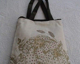 Autumn Fall Tapestry Brocade Velveteen Beaded Pumpkin Tote Bag Purse