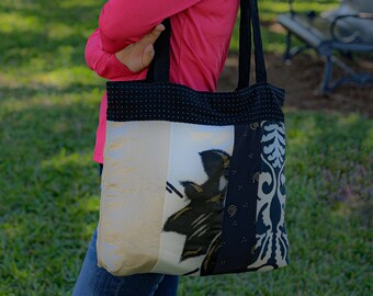 Black Cream Gold Blue Floral Silky Large Tote Bag