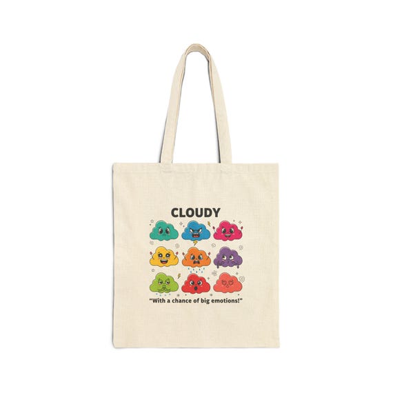 Cloudy Emotions colorful cloud faces Tote Bag | whimsical weather illustration
