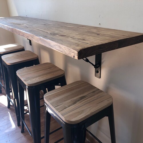 Wall hanging dining table, buffet,School desk, breakfast nook with  industrial metal wall hanging turnbuckle brackets