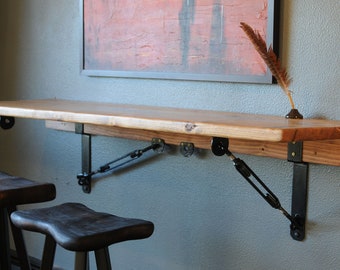 study table on wall Wall hanging folding dining table, Murphy table, School desk, breakfast nook with forged industrial metal wall hanging turnbuckle brackets