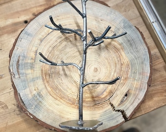 Metal jewelry display gift, miniature tabletop steel tree sculpture, natural oak display