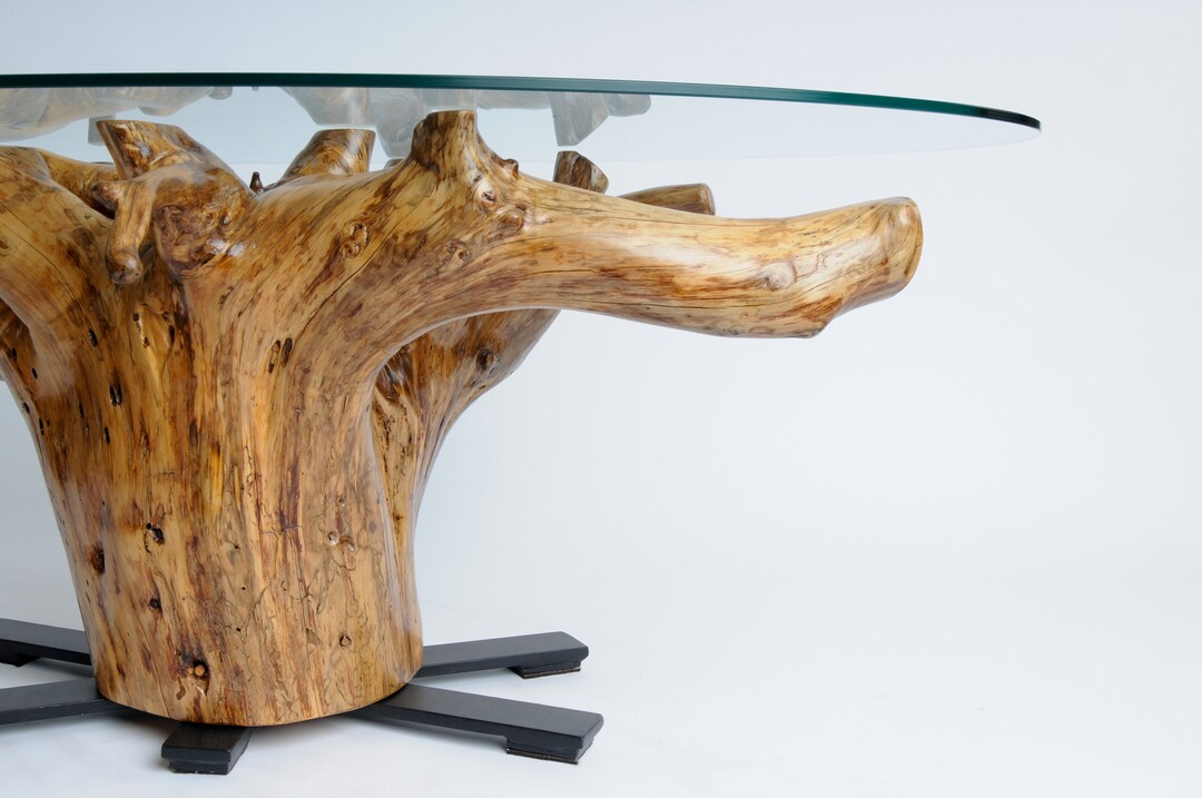 Tree Stump Glass Coffee Table With Metal Base Etsy