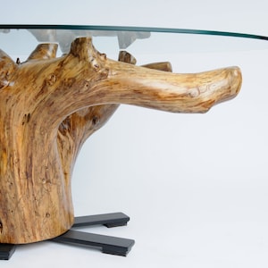 Tree stump glass coffee table with Metal base
