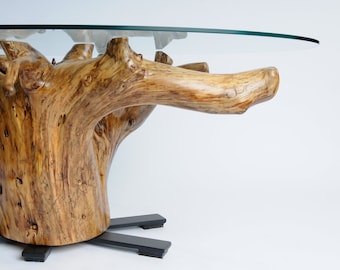 Tree stump glass coffee table with Metal base