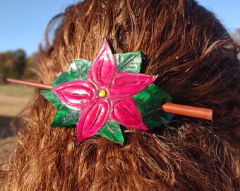 Leather Flower and Leaf Hair Pin Barrette
