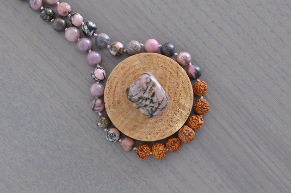 Rhodonite + 6 Muhki Rudraksha Necklace, Crystal Bracelet, Healing Crystals and Stones, Reiki, Crystal Bracelet, Healing Crystals and Stones