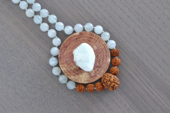 Aquamarine + 7 Muhki Rudraksha Necklace, Crystal Bracelet, Healing Crystals and Stones, Reiki, Crystal Bracelet, Healing Crystals and Stones