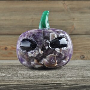 Chevron Amethyst Pumpkin with Blue Sandstone Eyes! Pumpkin, Jack O Lantern, Crystal Pumpkin, Halloween Decor, Goth Decor, Crystal Decor
