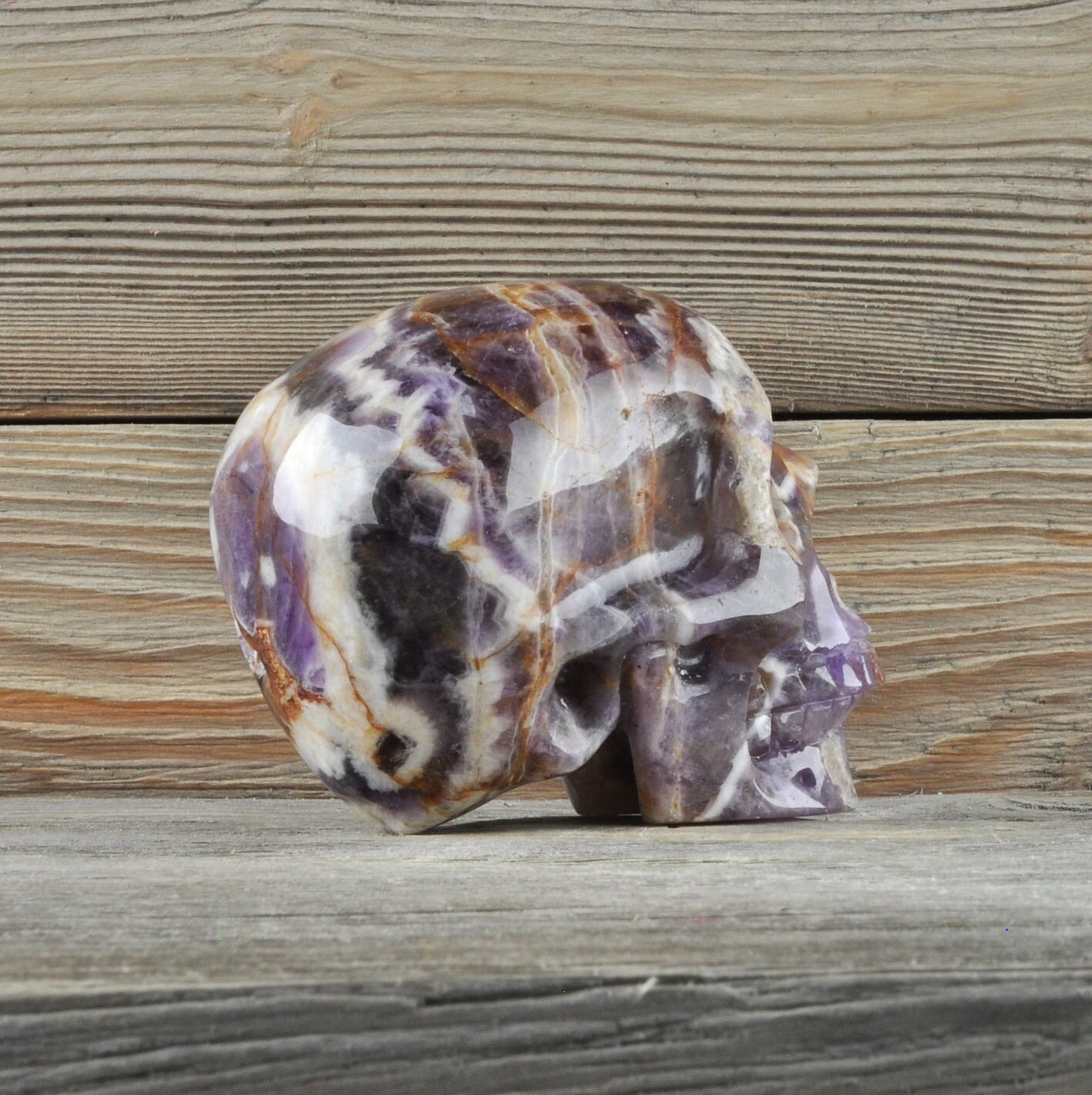 Natural Realistic Chevron Amethyst Crystal Skull, Medium