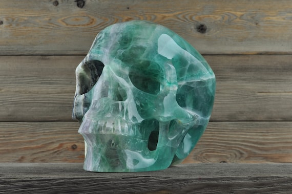 Ocean Green, Rainbow Banded Fluorite, Crystal Skull! Skull Decor, Gothic Home Decor, Memento Mori, Goth Decor, Crystal Decor