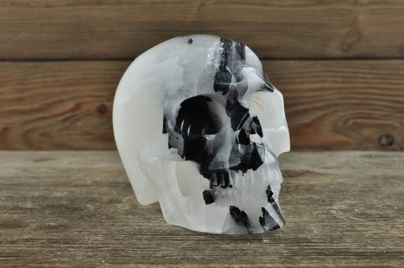 Tourmalated Quartz Crystal Skull, Crystal Skull, Skull Carving, Skull Decor, Gothic Home Decor, Memento Mori, Goth Decor, Crystal Decor