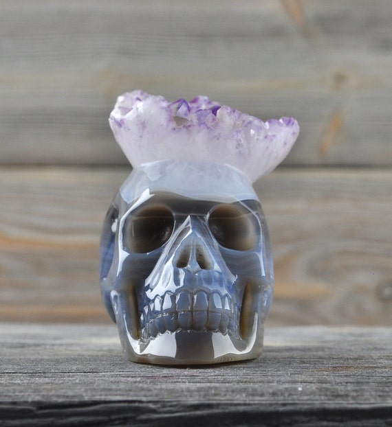 Amethyst and Banded Agate Geode Crystal Skull! Halloween Decor, Skull Decor, Gothic Home Decor, Memento Mori, Goth Decor, Crystal Decor