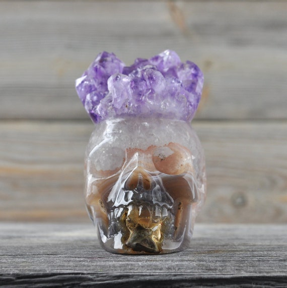 Amethyst and Banded Agate Geode Crystal Skull! Halloween Decor, Skull Decor, Gothic Home Decor, Memento Mori, Goth Decor, Crystal Decor