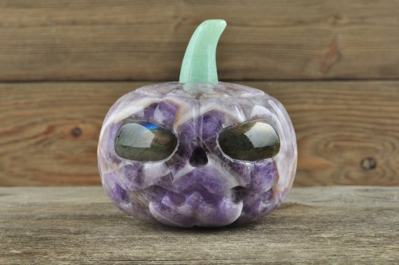 Chevron Amethyst Pumpkin with Labradorite Eyes! Pumpkin, Jack O Lantern, Crystal Pumpkin, Halloween Decor, Goth Decor, Crystal Decor