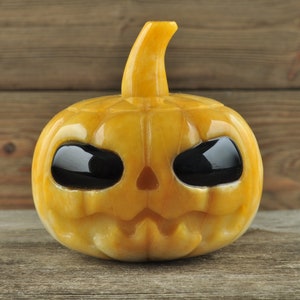 Yellow Aventurine Pumpkin with Obsidian Eyes! Pumpkin, Jack O Lantern, Crystal Pumpkin, Halloween Decor, Goth Decor, Crystal Decor