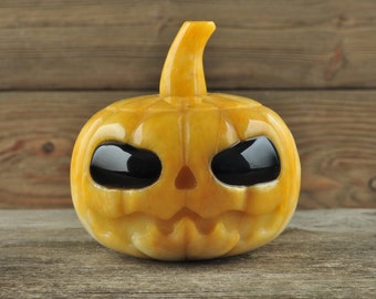 Yellow Aventurine Pumpkin with Obsidian Eyes! Pumpkin, Jack O Lantern, Crystal Pumpkin, Halloween Decor, Goth Decor, Crystal Decor