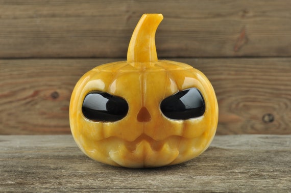 Yellow Aventurine Pumpkin with Obsidian Eyes! Pumpkin, Jack O Lantern, Crystal Pumpkin, Halloween Decor, Goth Decor, Crystal Decor