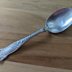 Puede incluir: Una cuchara de plata con un diseño floral adornado en el mango. La cuchara está sobre una superficie de madera.