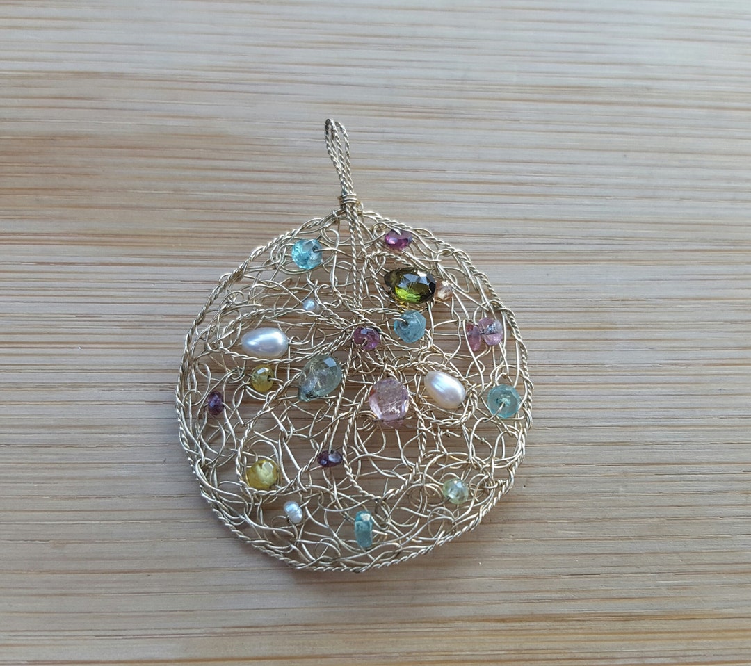 Vintage Beautiful Large Round Gold Wire Crochet Pendant With Multi ...