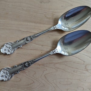 Op de afbeelding: Twee antieke zilveren lepels met sierlijke bloemen- en krulversieringen op de handvatten. De lepels hebben een klassiek, elegant ontwerp, perfect voor formele diners of om een vintage touch aan een tafelsetting toe te voegen. Ze liggen op een lichte houten ondergrond.