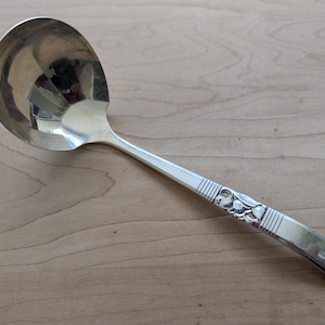 Può includere: Un mestolo d'argento con una grande ciotola arrotondata e un lungo manico. Il manico presenta un motivo floreale decorativo e linee verticali. Il mestolo è appoggiato su una superficie di legno marrone chiaro.