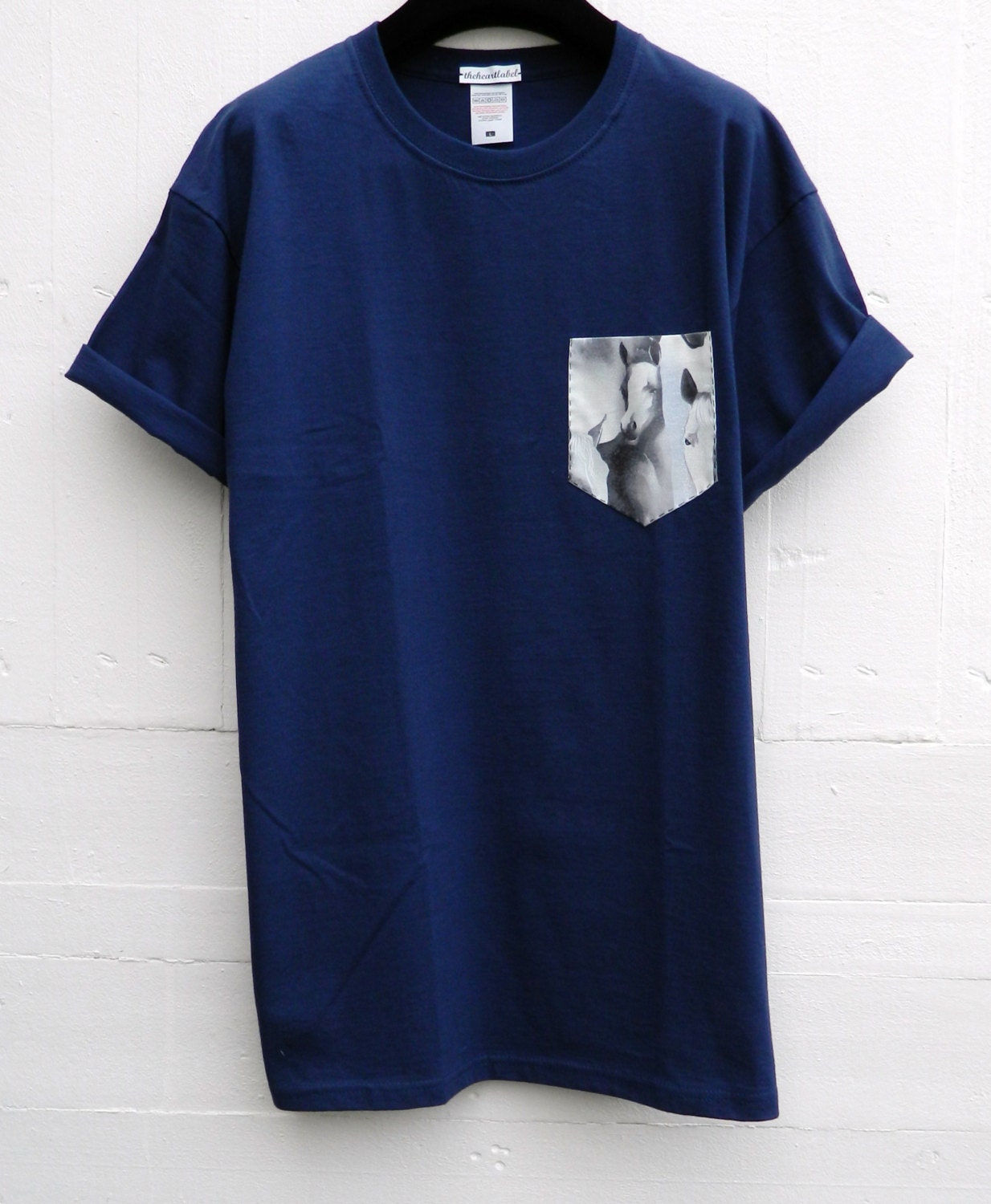 Image of Men's Horses Pattern, Navy Blue Pocket T-Shirt, T - Shirt, Tee, Unisex, Menswear, Uk