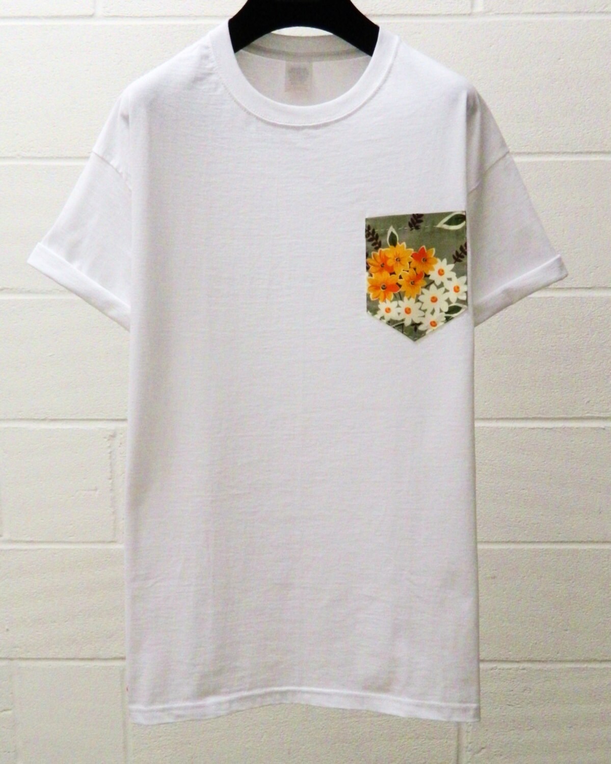 Image of Men's Orange & White Floral Pattern Pocket T-Shirt, T - Shirt, Tee, Unisex, Menswear, Uk, Custom Made