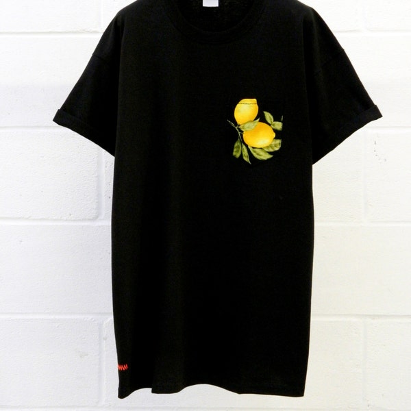 Men's Lemon Pattern Black Pocket T-Shirt, Men's T- Shirt, Pocket tee, Unisex, Menswear, UK