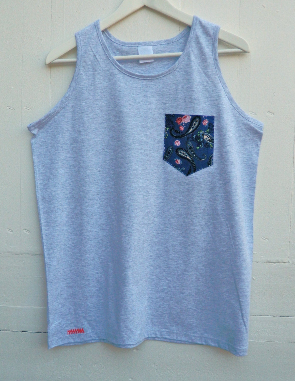 Image of Men's Pink Roses & Blue Paisley Design, Grey Pocket Tank Top, T - Shirt, Tee, Unisex, Menswear, Uk