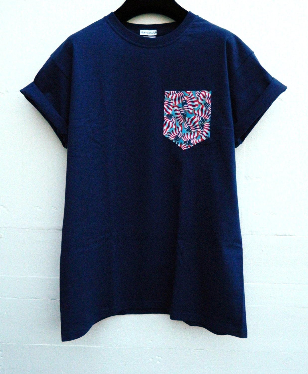 Image of Men's American Flags Pattern, Navy Blue Pocket T-Shirt, T - Shirt, Tee, Unisex, Menswear, Uk