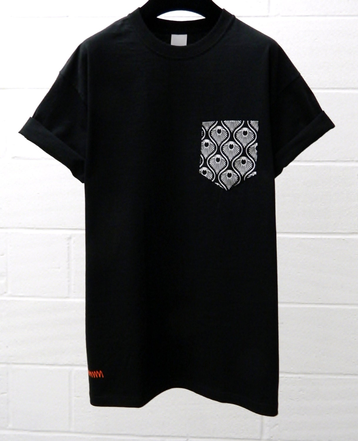 Image of Men's Black & White Peacock Pattern Pocket T-Shirt, T - Shirt, Tee, Unisex, Menswear, Uk, Custom Made T-Shirt